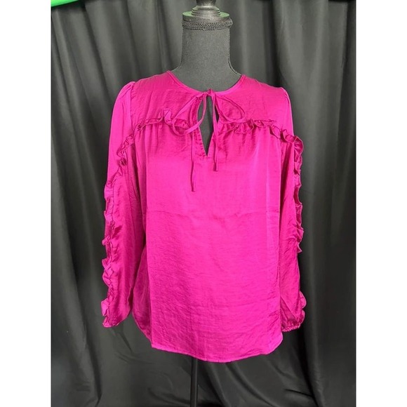 LOFT Tops - LOFT Women's XS Hot Pink Ruffle Sleeve Tie Neck Keyhole Blouse Long Sleeve